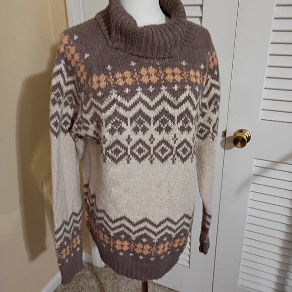 Becool Women's Fair Isle  M/L Cream/Taupe Cowl Neck Ski Style Tunic Sweater - Picture 7 of 12